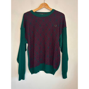 Fred Perry Mens XL Burgundy Green Argyle Wool Blend Sweater